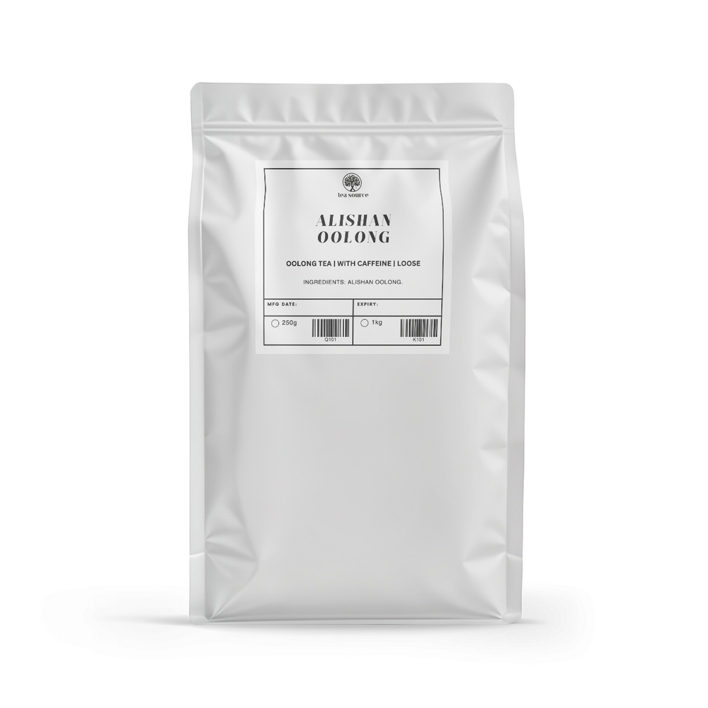 
                      
                        Loose leaf tea 250g white bulk pouch with printed label and barcode
                      
                    