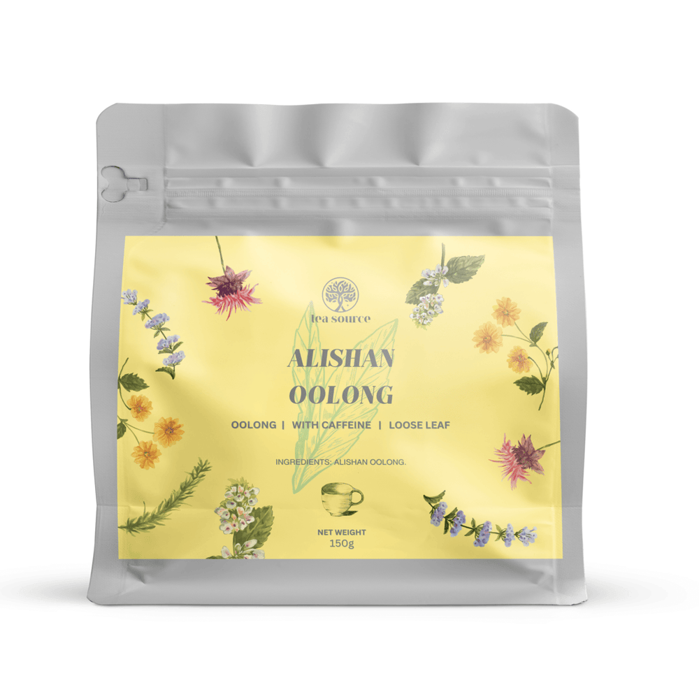 
                      
                        A package of Alishan Oolong Tea with a floral design and leaves visible on the packaging.
                      
                    
