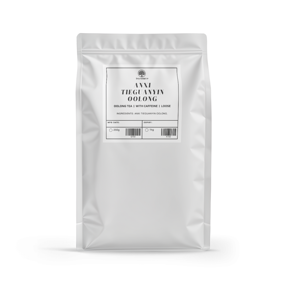 
                      
                        Loose leaf tea 250g white bulk pouch with printed label and barcode
                      
                    