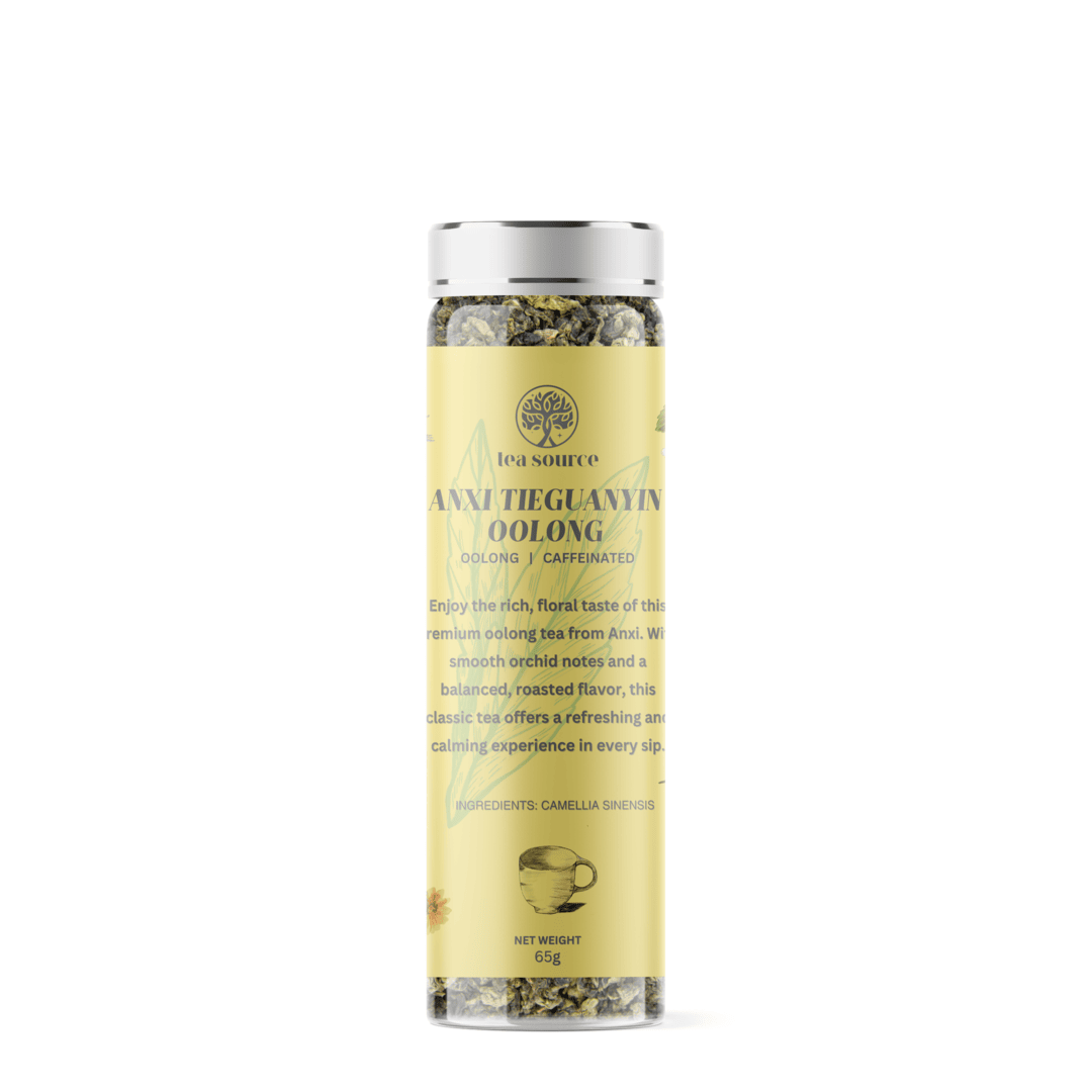 A cylindrical package of Anxi Tieguanyin Oolong tea with a clear window showing the tea leaves inside. The label has text providing product details and the brand's logo.