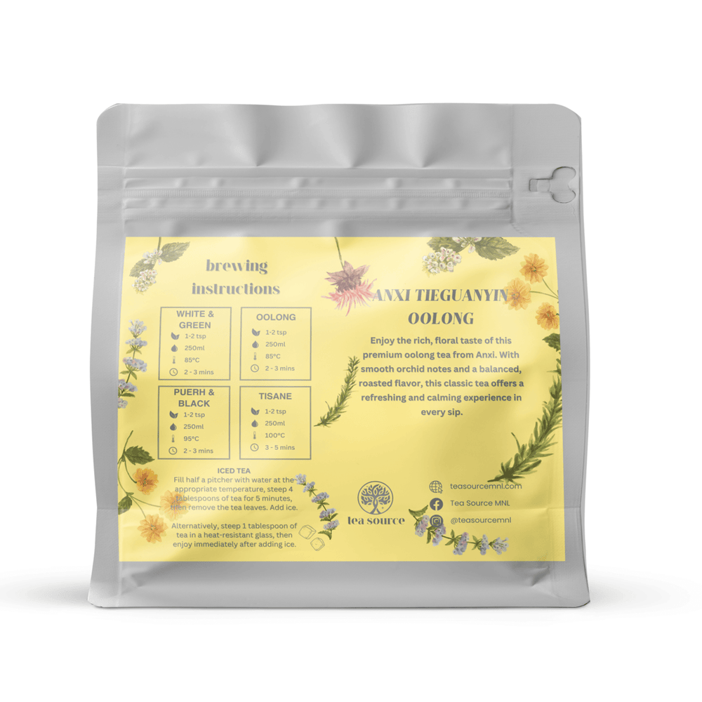 
                      
                        Back of Anxi Tieguanyin Oolong teabag pouch showing ingredients and brewing instructions
                      
                    