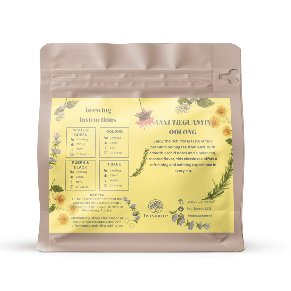 
                      
                        Back of Anxi Tieguanyin Oolong teabag pouch showing ingredients and brewing instructions
                      
                    