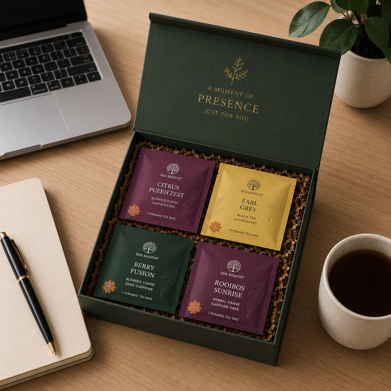 Corporate tea gift set styled on an office desk in the Philippines