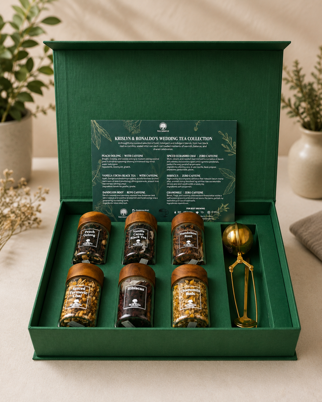 Close-up detail of tea gift set jars and matching spoon