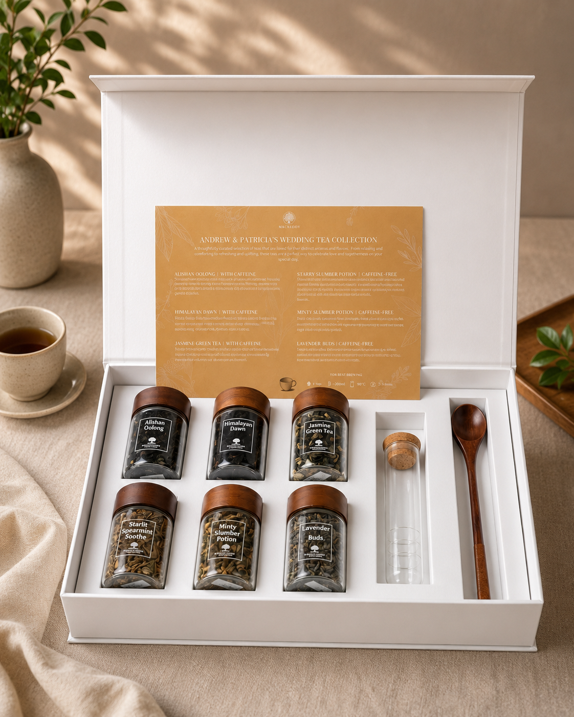 Loose leaf tea gift set jars with a wooden serving spoon
